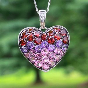 10k Solid White Gold Genuine Garnet, Amethyst, Pink Quartz & Diamond Necklace